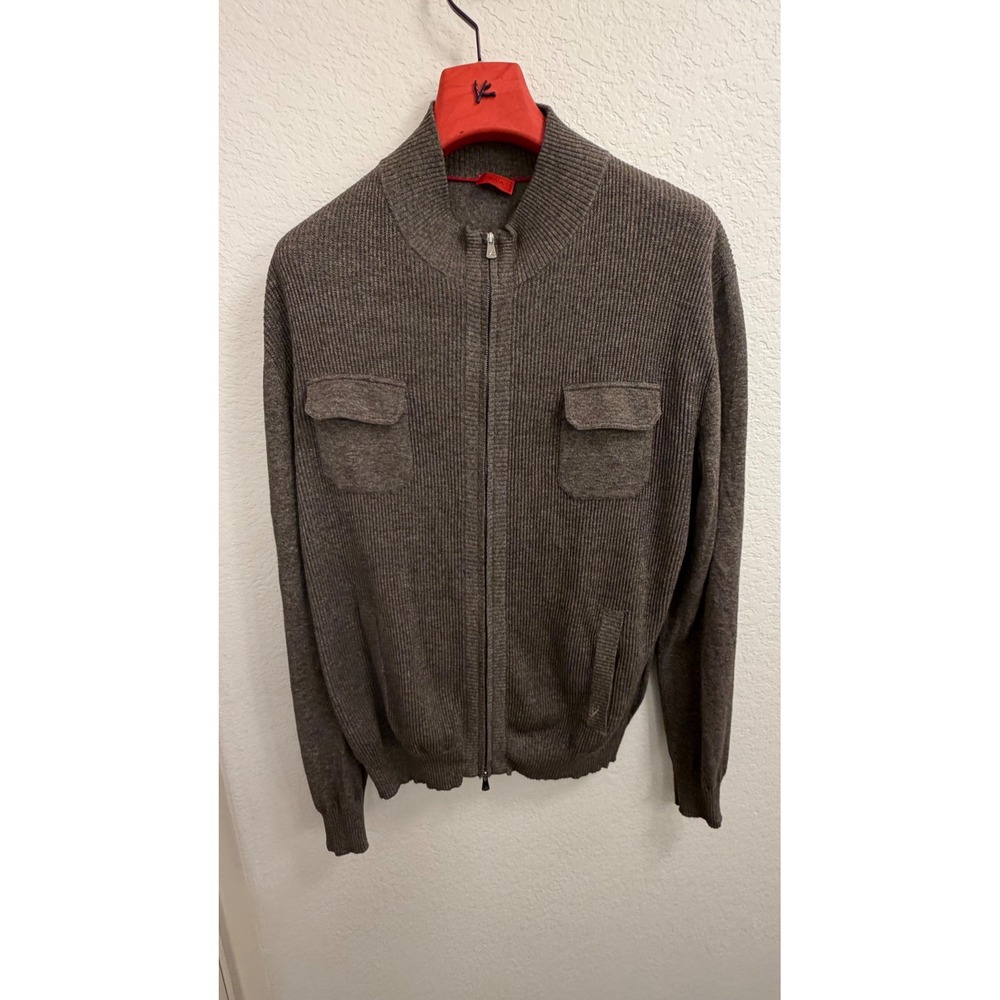 Isaia Napoli Mens Brown 100% Cotton Full Zip Cardigan Sweater Size L Italy